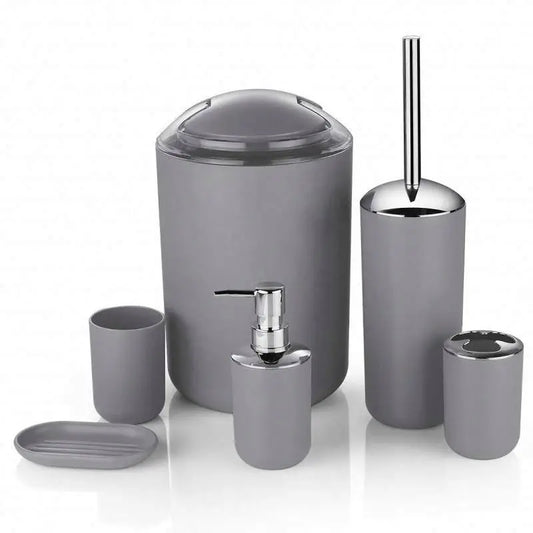 KTX-235347 Modern Black, White, Gray, and Brown Bathroom Accessories Set - 6 Pieces