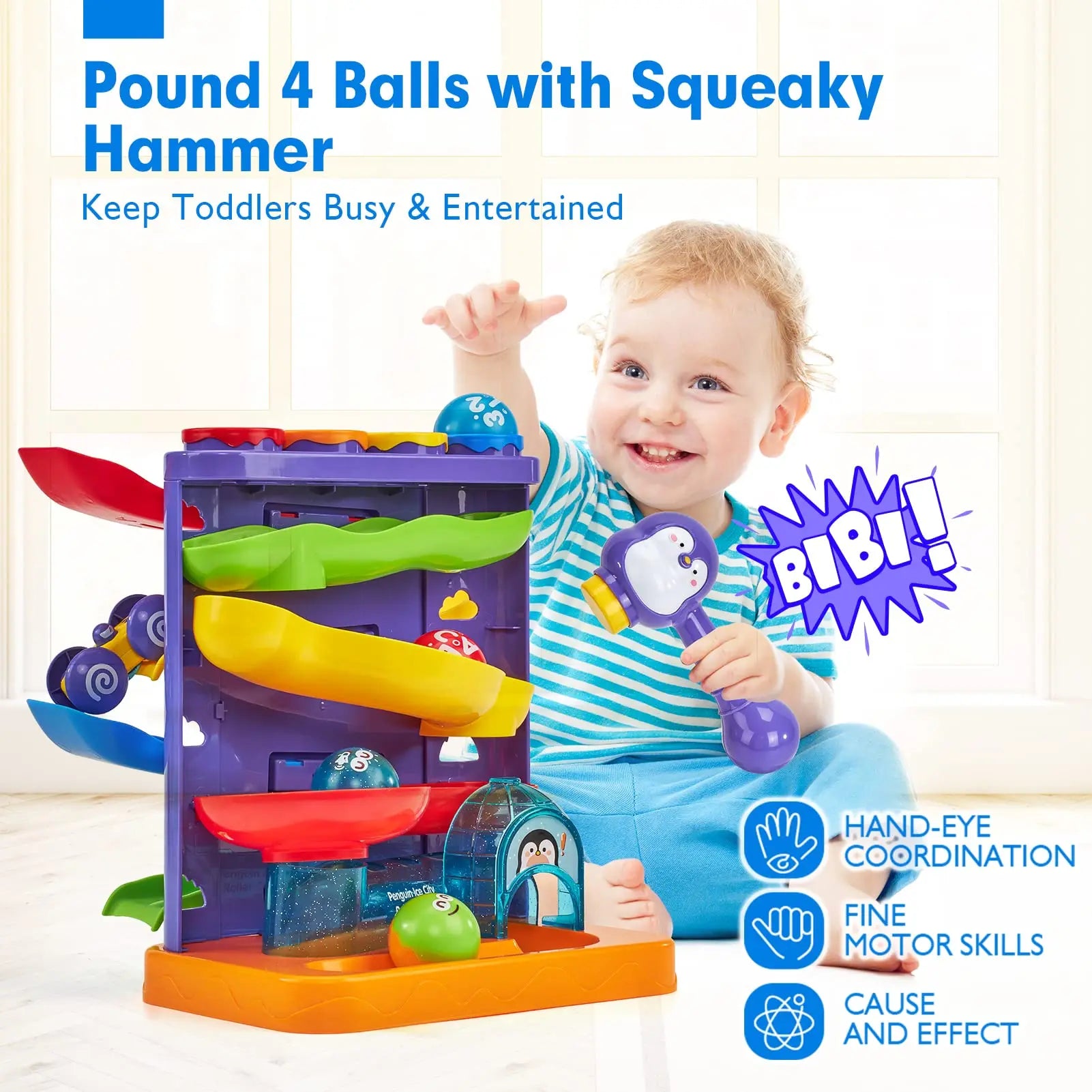 KTX-296531 2 in 1 Penguin Hammer Pounding Ball Ramp Toy for Kids, Educational Roller Coaster Play Set