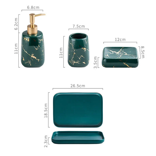 KTX-595795 Nordic Glossed Ceramic Bathroom Accessories Set in White and Gold Marble Design