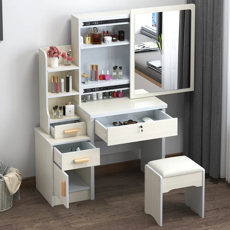 KTX-432403 Wooden Makeup Desk Vanity Set with Cushioned Stool and Round Mirror