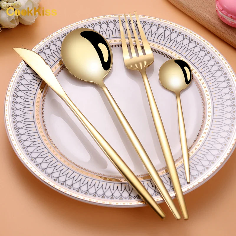 KTX-280083 24-Piece Gold Stainless Steel Flatware Set with Gift Box for Parties and Weddings