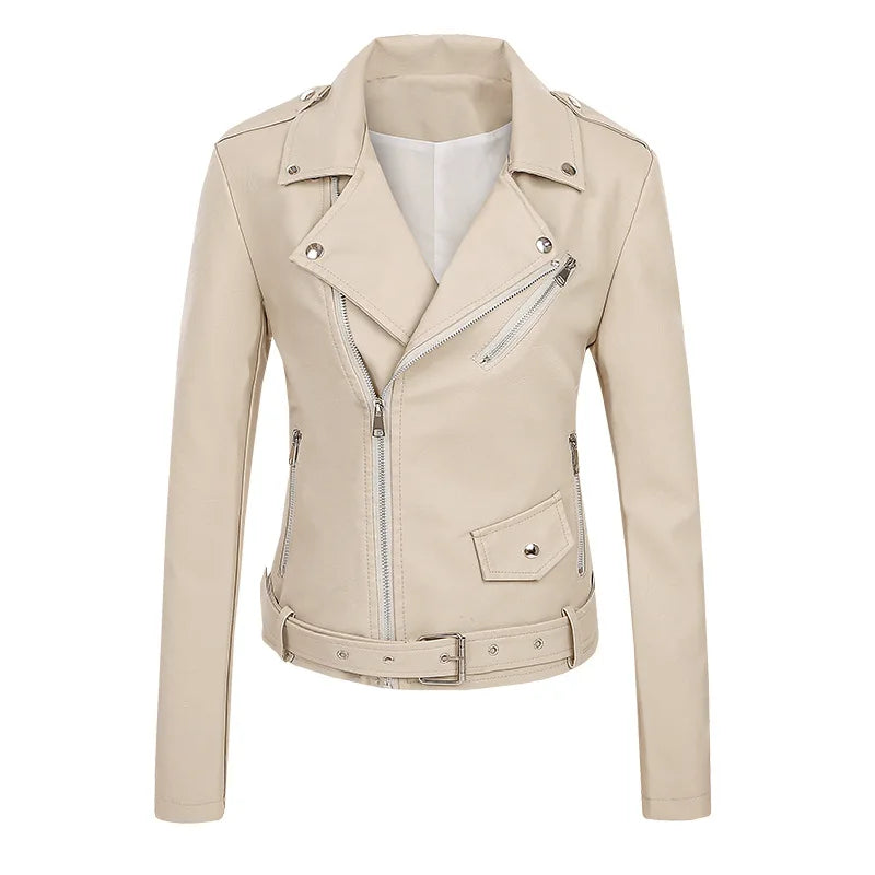 KTX-045459 Women's Short Leather Jacket New Korean Version PU Leather Motorcycle Jacket Stylish Women's Clothing Jacket Custom