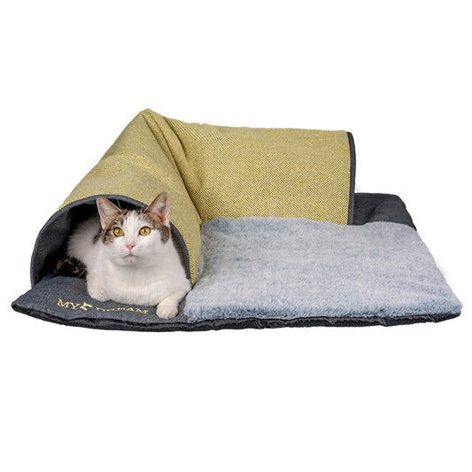 KTX-291923 Interactive Plush Cat Tunnel and Bed - Yellow, 70x70cm, Certified Safe for Pets