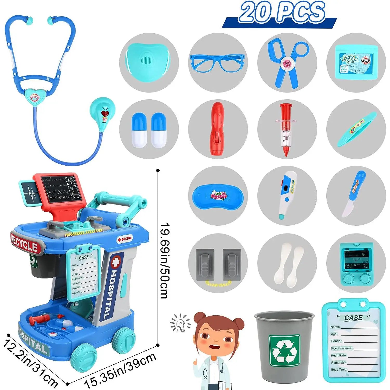 KTX-229843 Kids Doctor Play Set - Pretend Play Medical Trolley for Ages 2 to 13 Years - Plastic Components