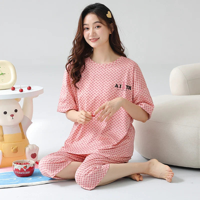 KTX-673811 New Arrival 2 Sets Short Sleeve Seven-point Pants Thin Sweetness Cute Sleepwear Women's Cotton Pajamas