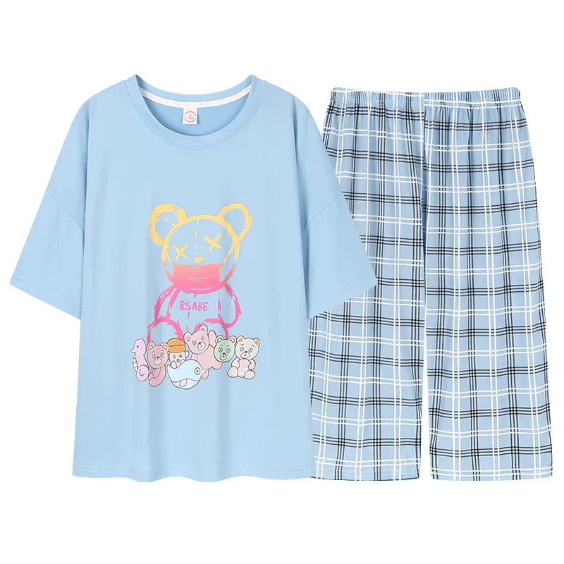 KTX-477203 Women's Cotton Short-sleeved Seven-point Pants Summer Home Service Suit Women's Loose Hedging Cartoon Pajamas