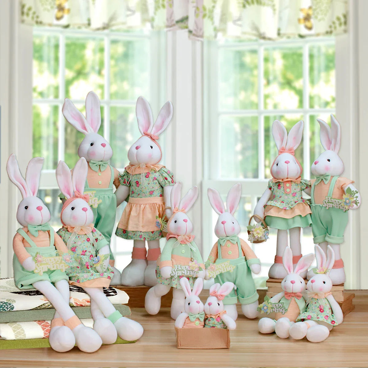 KTX-163091 Cute Sitting Rabbit Toy with Flower Basket - Spring Garden Style Plush Home Decoration