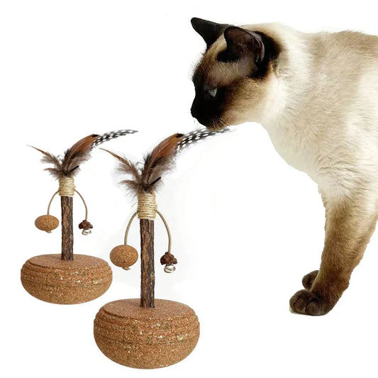 KTX-702099 Natural Cork Catnip Ball Toy with Bells and Feathers for Cats