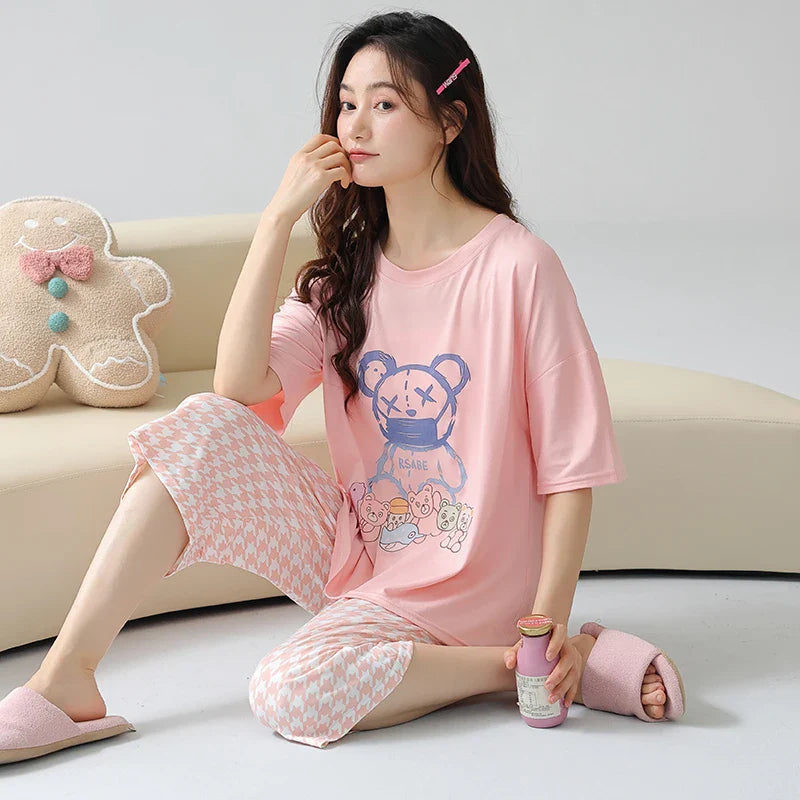 KTX-641043 Short-sleeved Seven-point Pants Set Two-piece Simple Sweet Pajamas All Cotton Home Wear Women's Summer Pajamas