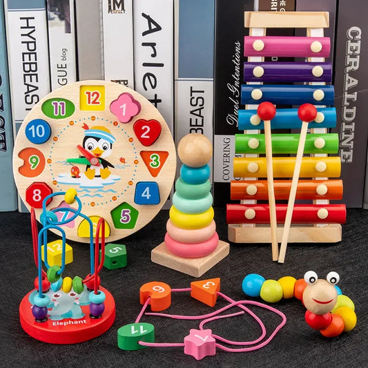 KTX-006675 Montessori Wooden Animal Math Clock and Musical Instrument Educational Toy Set for Kids