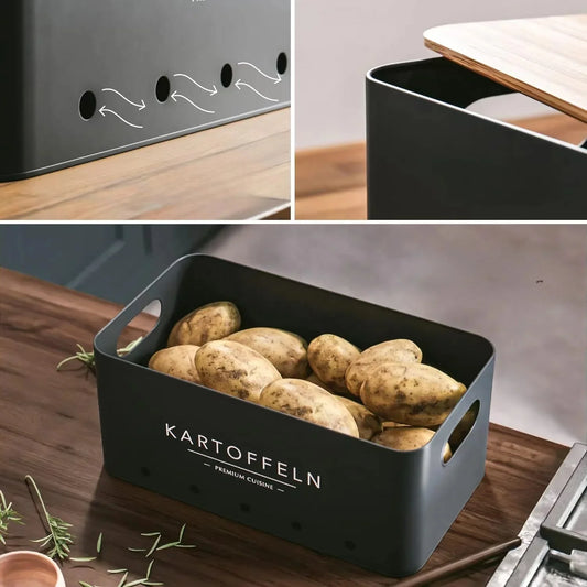KTX-417619 Rectangle Bamboo Lid Potato, Onion, and Garlic Storage Pots, Carbon Steel Canister, Custom Sizes Available