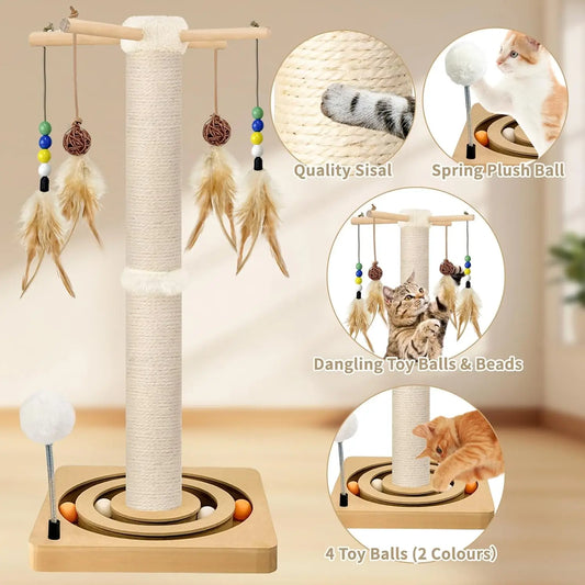KTX-767635 Wood Cat Scratcher Tree Tower with Hanging Ball for Indoor Use