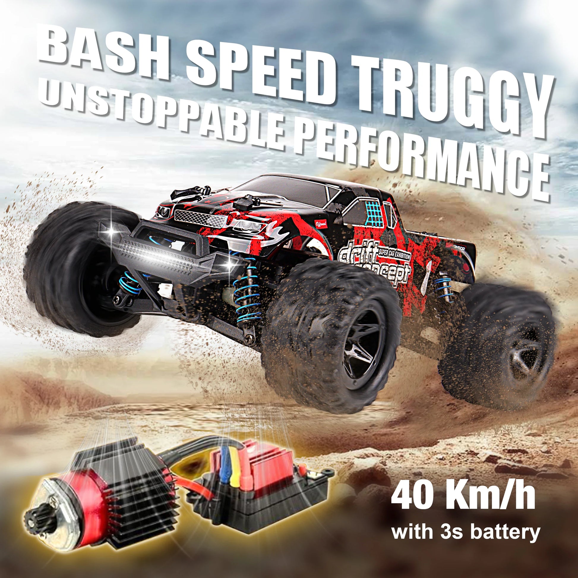 KTX-380179 1:18 Scale Waterproof Remote Control Car with High Speed up to 60km/h, 2.4GHz Control, USB Charging, Indoor/Outdoor Use