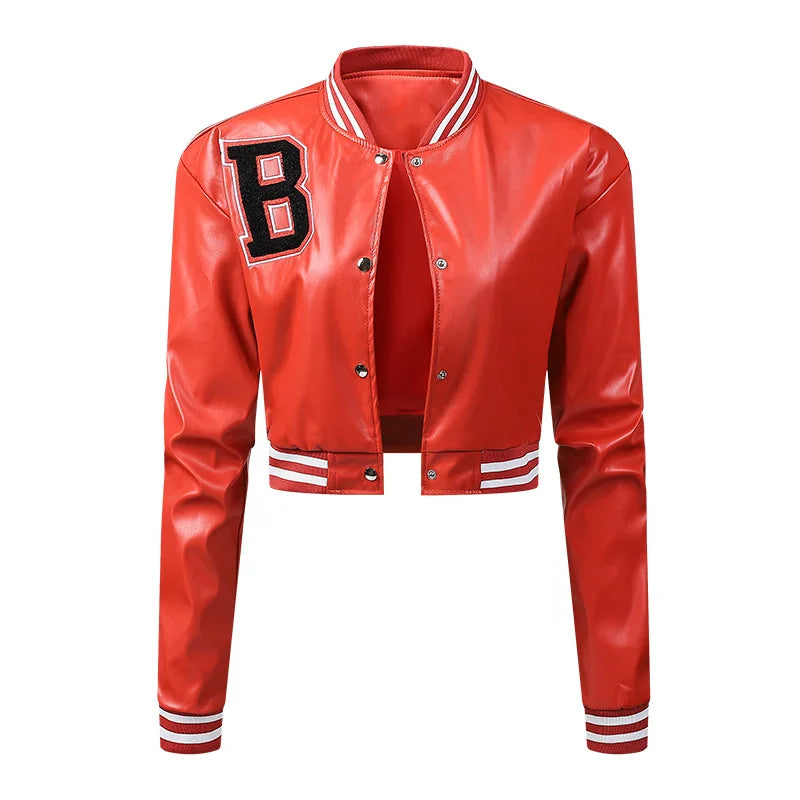 KTX-110995 Women's High-Waisted Cardigan Leather Jacket Slim Fit Baseball Style Custom Logo Embroidery Decoration Sporty Motorcycle Suit