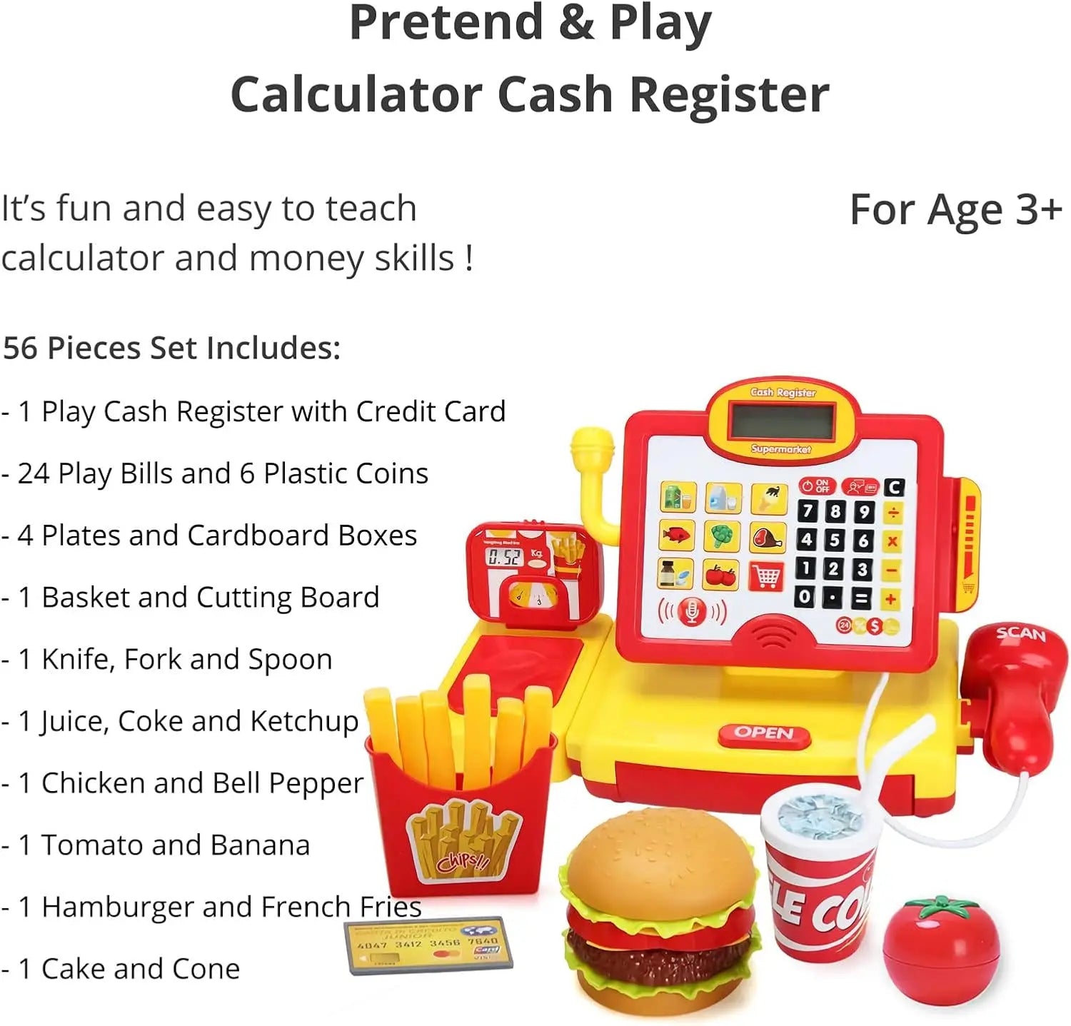 KTX-540563 Toy Cash Register for Kids - EPT Play Money Machine for Supermarket Role-Playing - Age 2 to 13 Years