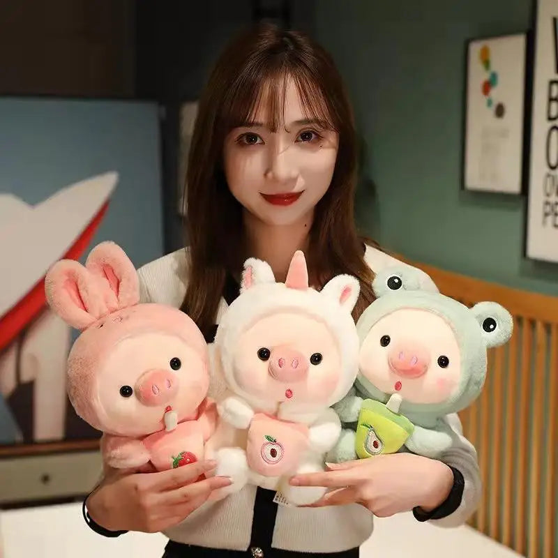 KTX-473811 Kawaii Pig Bubble Tea Plush Toy – Soft Sleeping Pillow Cushion for Kids and Adults
