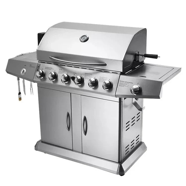 KTX-629651 6-Burner Gas BBQ Grill with Side Burner, Stainless Steel, Cast Iron Grates, and Wheels