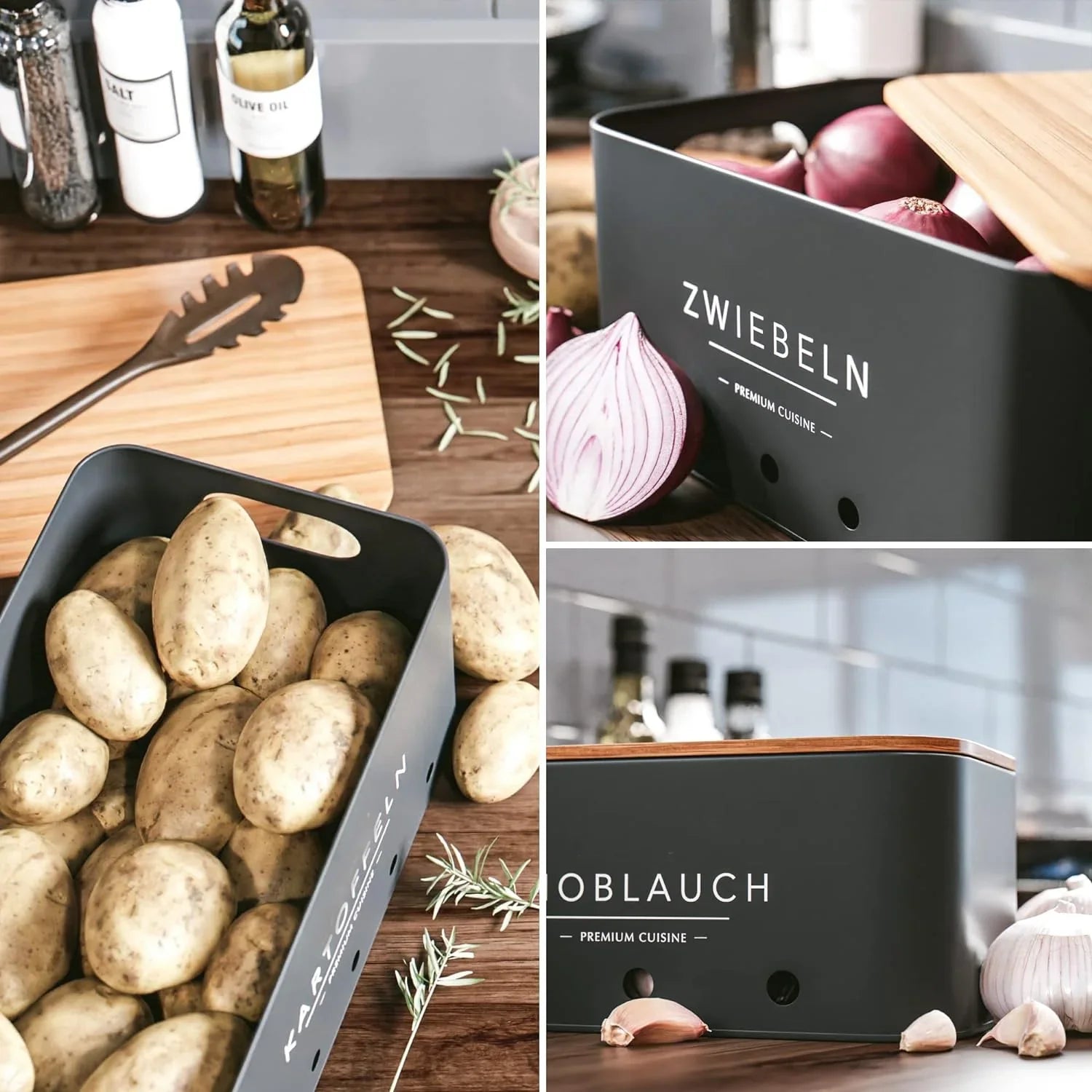 KTX-417619 Rectangle Bamboo Lid Potato, Onion, and Garlic Storage Pots, Carbon Steel Canister, Custom Sizes Available
