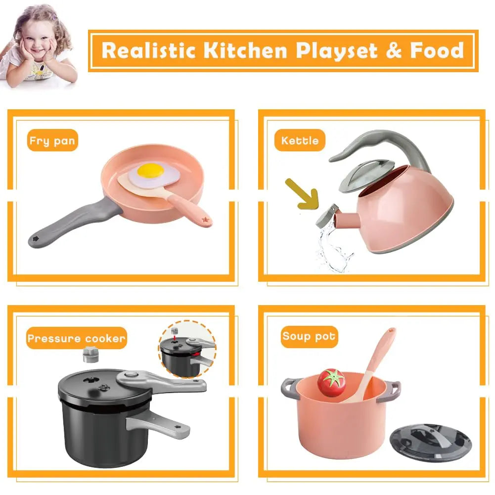 KTX-607251 Mini Luxury Pink Kitchen Playset - 32Pcs Kids Pretend Food Toys for Ages 5 and Up