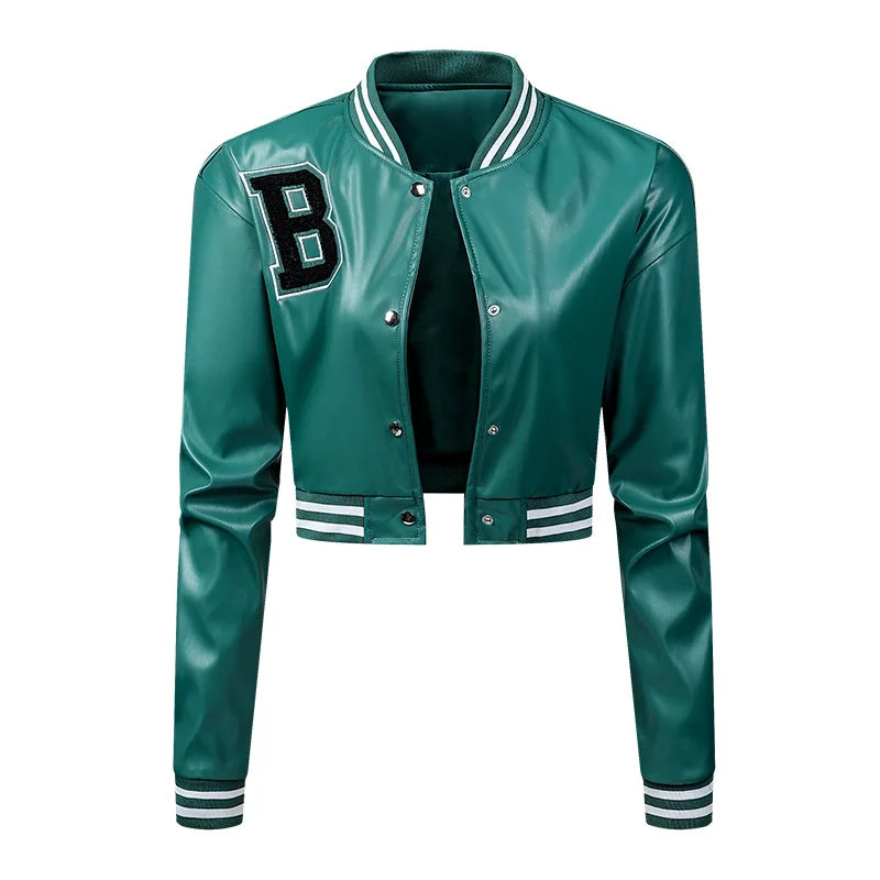 KTX-110995 Women's High-Waisted Cardigan Leather Jacket Slim Fit Baseball Style Custom Logo Embroidery Decoration Sporty Motorcycle Suit