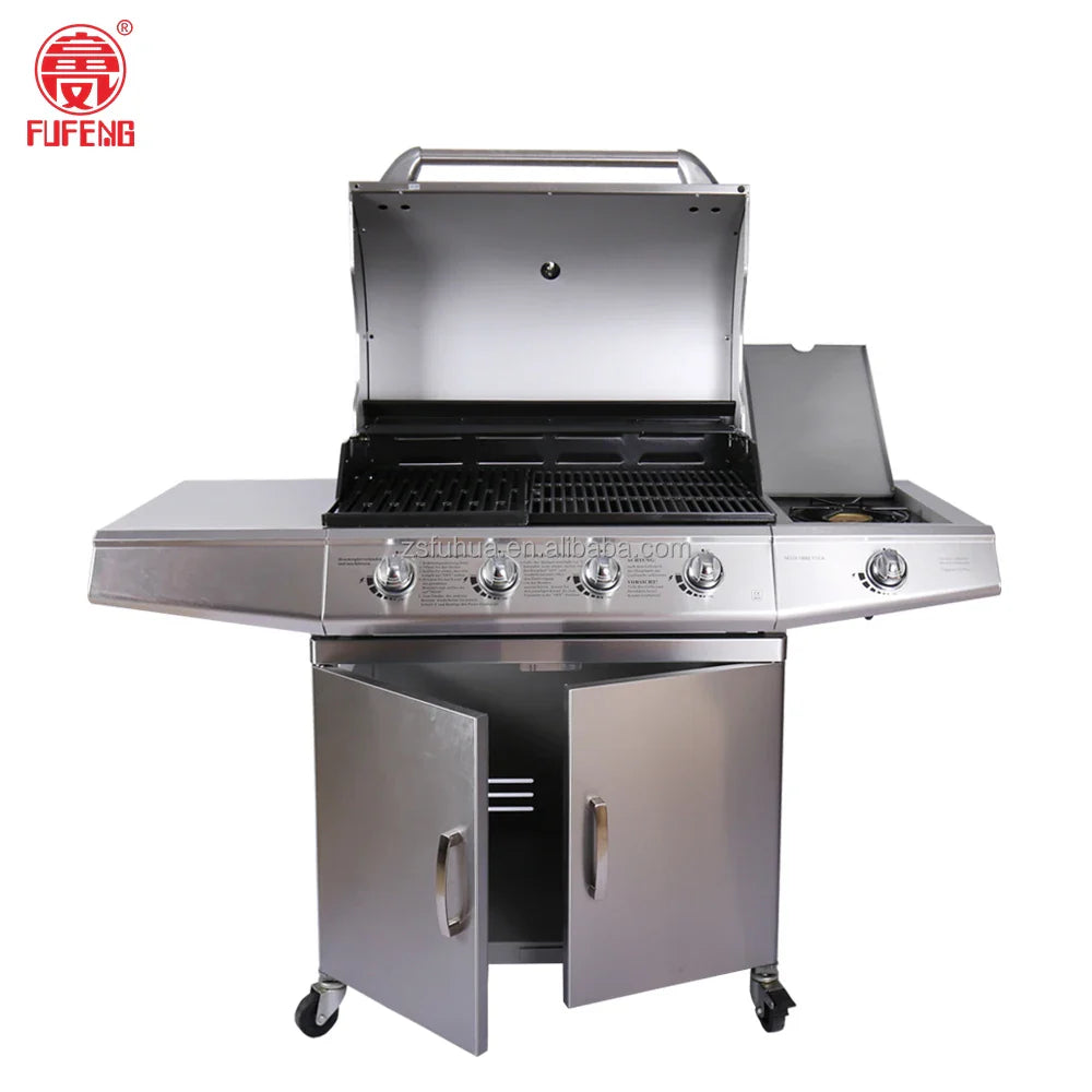 KTX-301971 Stainless Steel Outdoor Gas BBQ Grill with Integrated Kitchen Cabinet and Charcoal Smoker