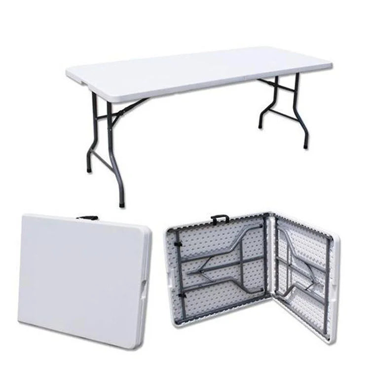 KTX-727315 6ft Round Folding Banquet Table - Durable Plywood with PVC or Melamine Finish, Black Iron Frame