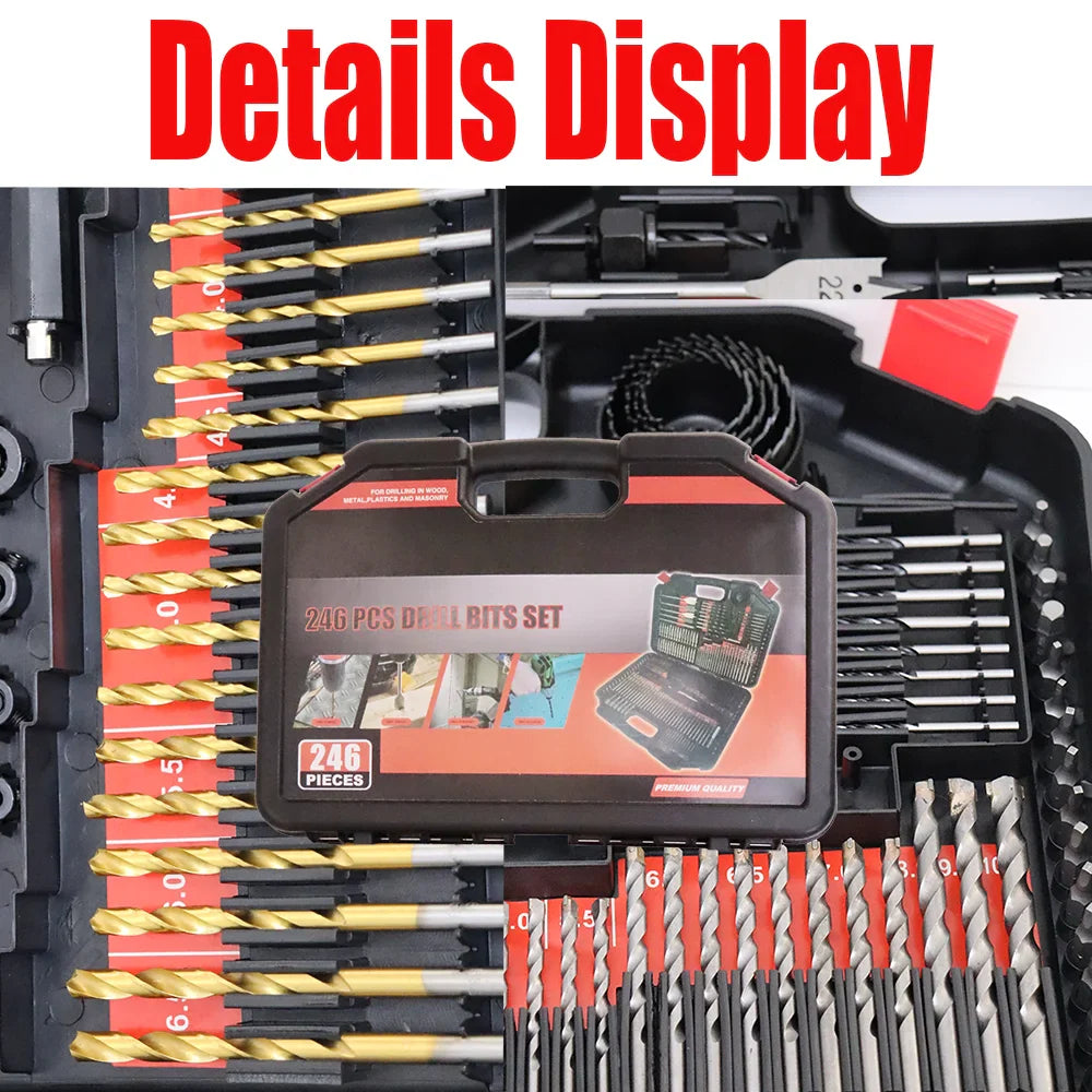 KTX-674451 Multifunctional Drill Bit Set with 246 Pieces for Wood, Metal, and Concrete Applications