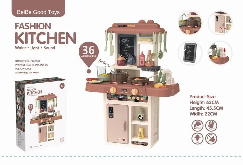 KTX-672787 63Cm Plastic Kitchen Play Set with 36 Food Toys and Light for Kids