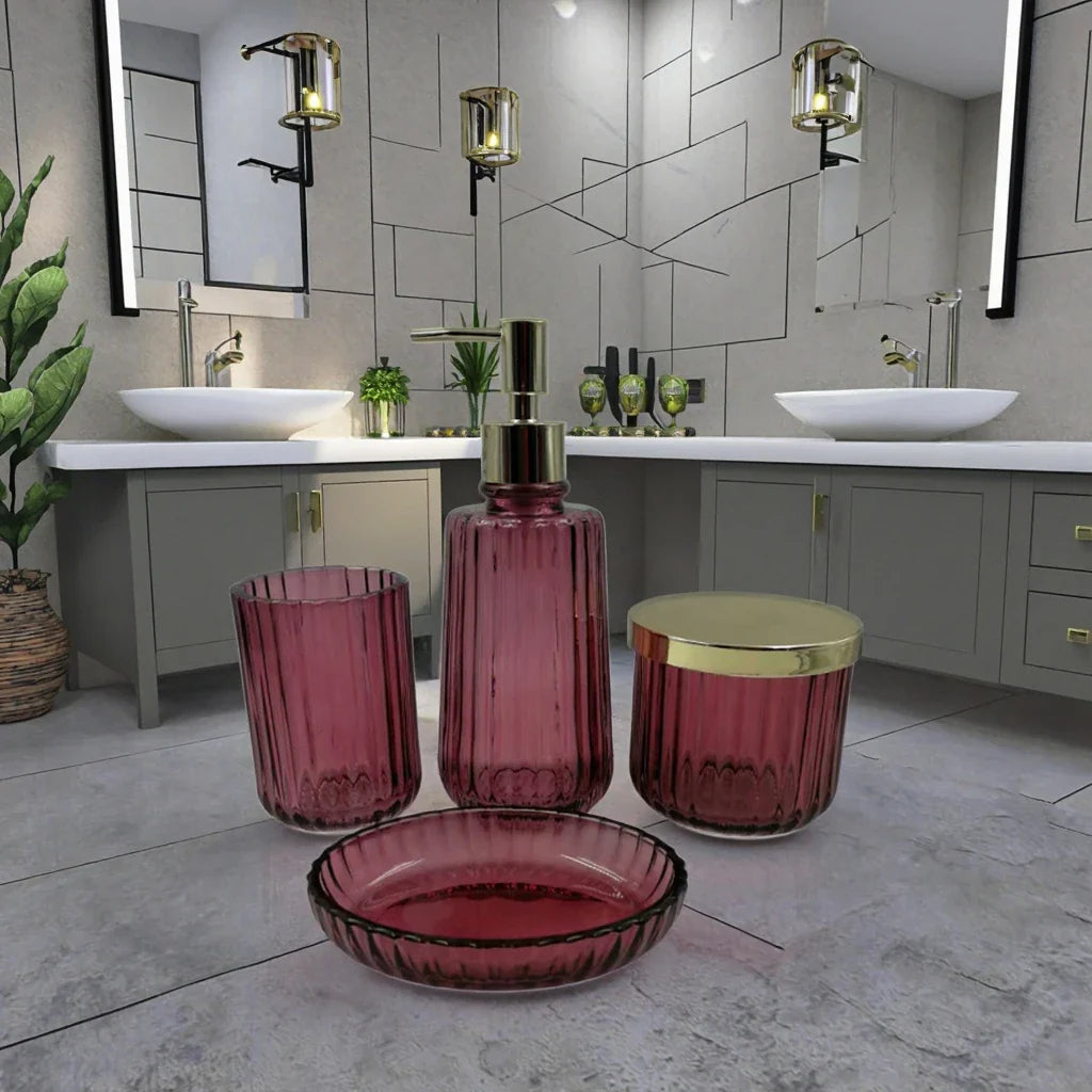 KTX-431955 Luxury Clear 4-Piece Glass Bathroom Accessories Set for Home and Hotel Use