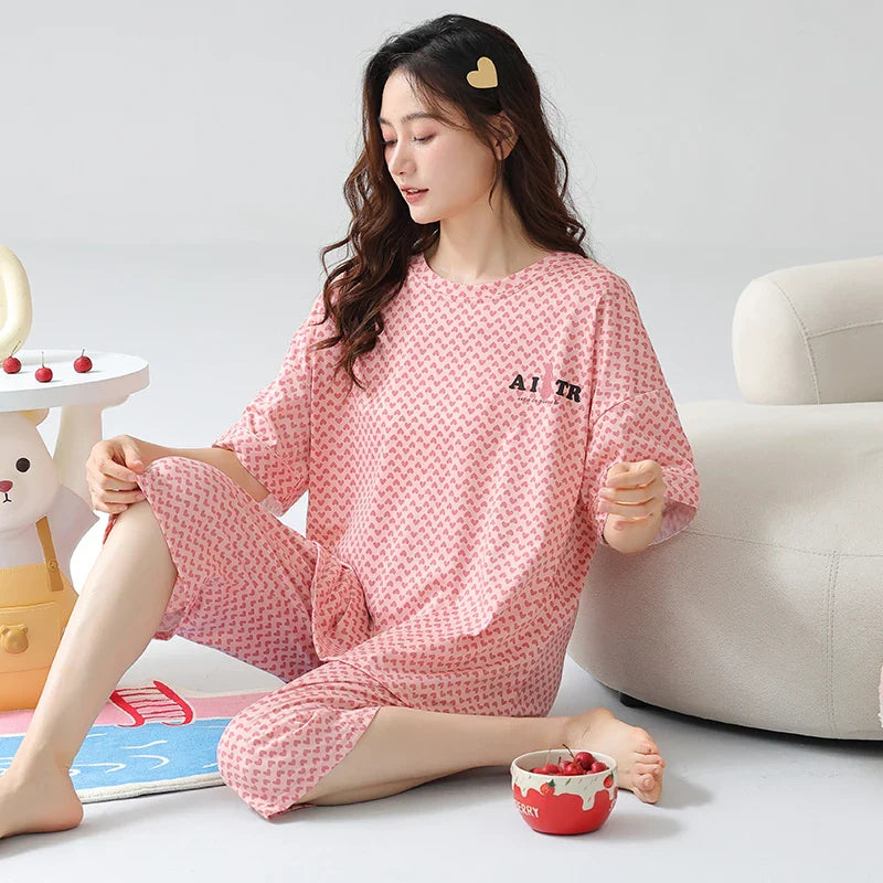 KTX-673811 New Arrival 2 Sets Short Sleeve Seven-point Pants Thin Sweetness Cute Sleepwear Women's Cotton Pajamas