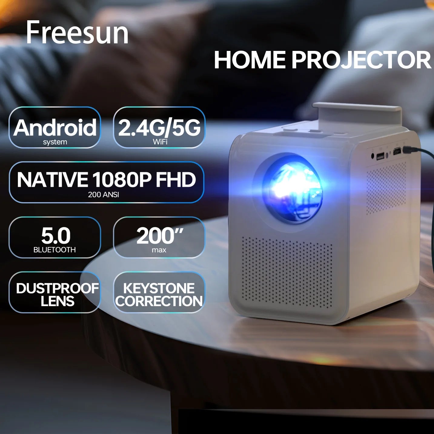 KTX-646611 Portable 4K Projector with Built-in Battery for Home, Office, and Outdoor Use, 3D & HD Compatible