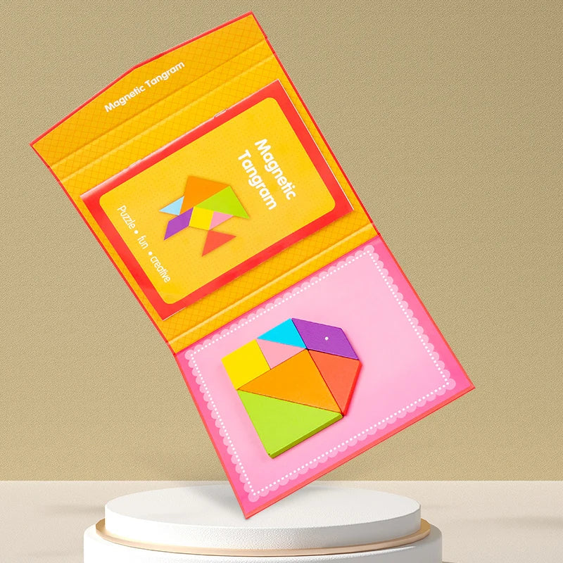 KTX-417171 Montessori Magnetic Tangram Puzzle - 3D Wooden Shape Building Blocks for Kids Learning