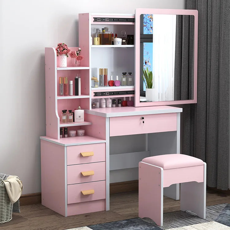 KTX-465171 Wooden Vanity Dressing Table Set with Cushioned Stool and Round Mirror