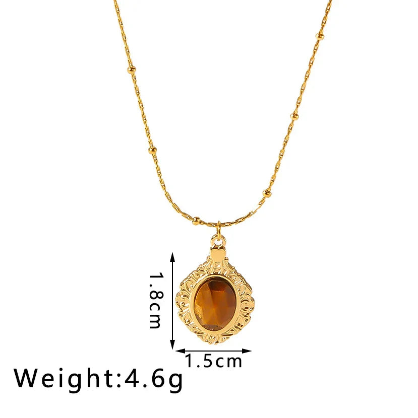 KTX-806035 Vintage Tiger's Eye Stone Pendant Necklace Geometric Opal Stainless Steel Necklace Neutral Fashion Jewelry