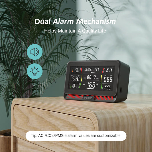 KTX-749203 WiFi Air Quality Monitor for CO2, PM2.5, PM10, TVOC, HCHO, AQI, Temperature, and Humidity Analysis