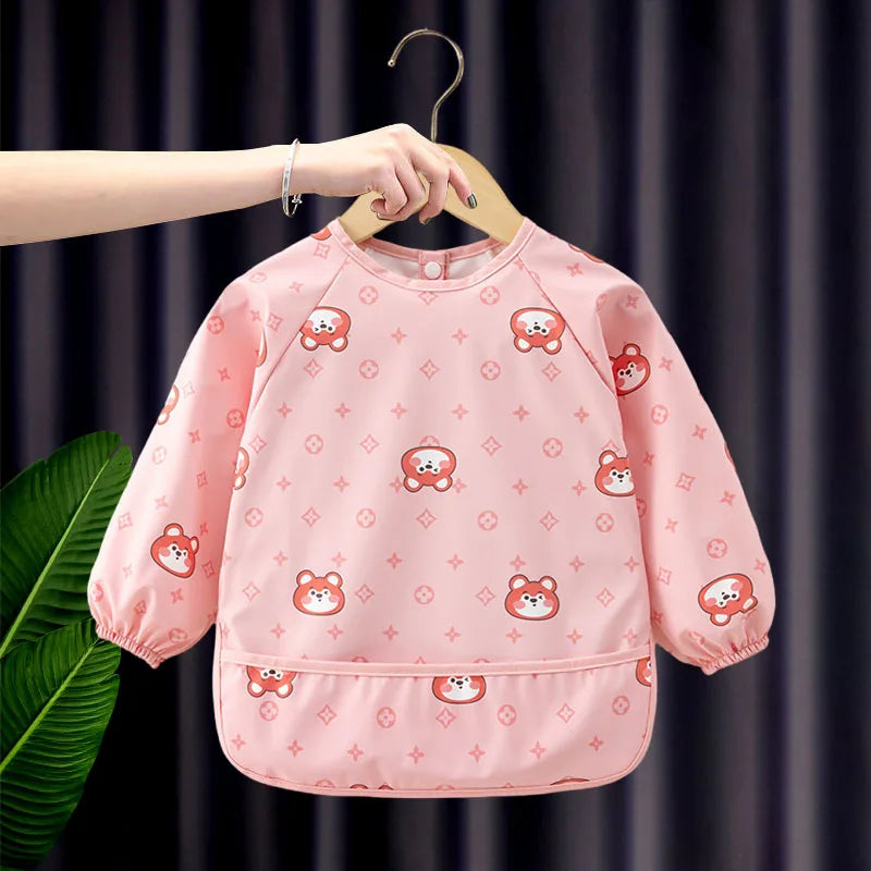 KTX-933651 Autumn Winter Kids Long-Sleeved Blouse New Arrival Full Body Waterproof PU Baby Apron Outwear with Snap Buttons Baby Bibs