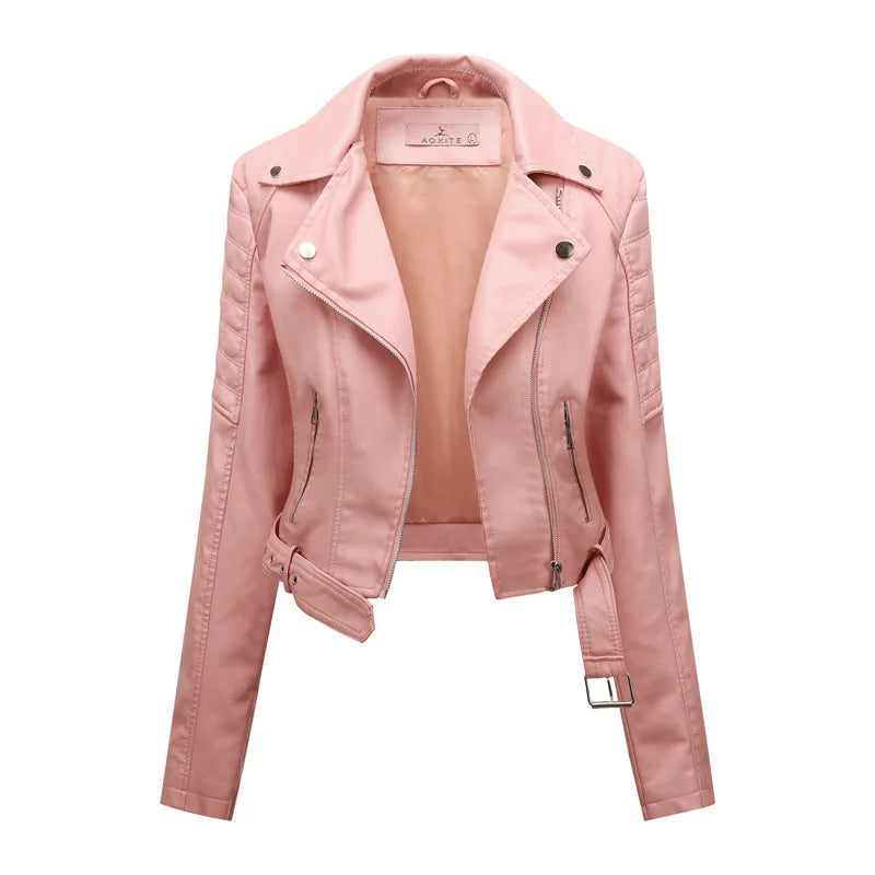 KTX-881619 Women's PU Leather Jacket With Long Sleeves Short Motorcycle Suit Puffer Style Fashionable Jacket Jacket Custom