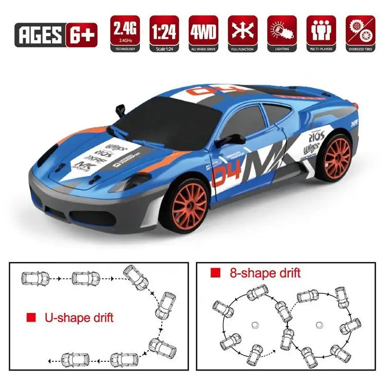KTX-362067 1:24 Scale 4WD Remote Control Drift Car with USB Charger and LED Light