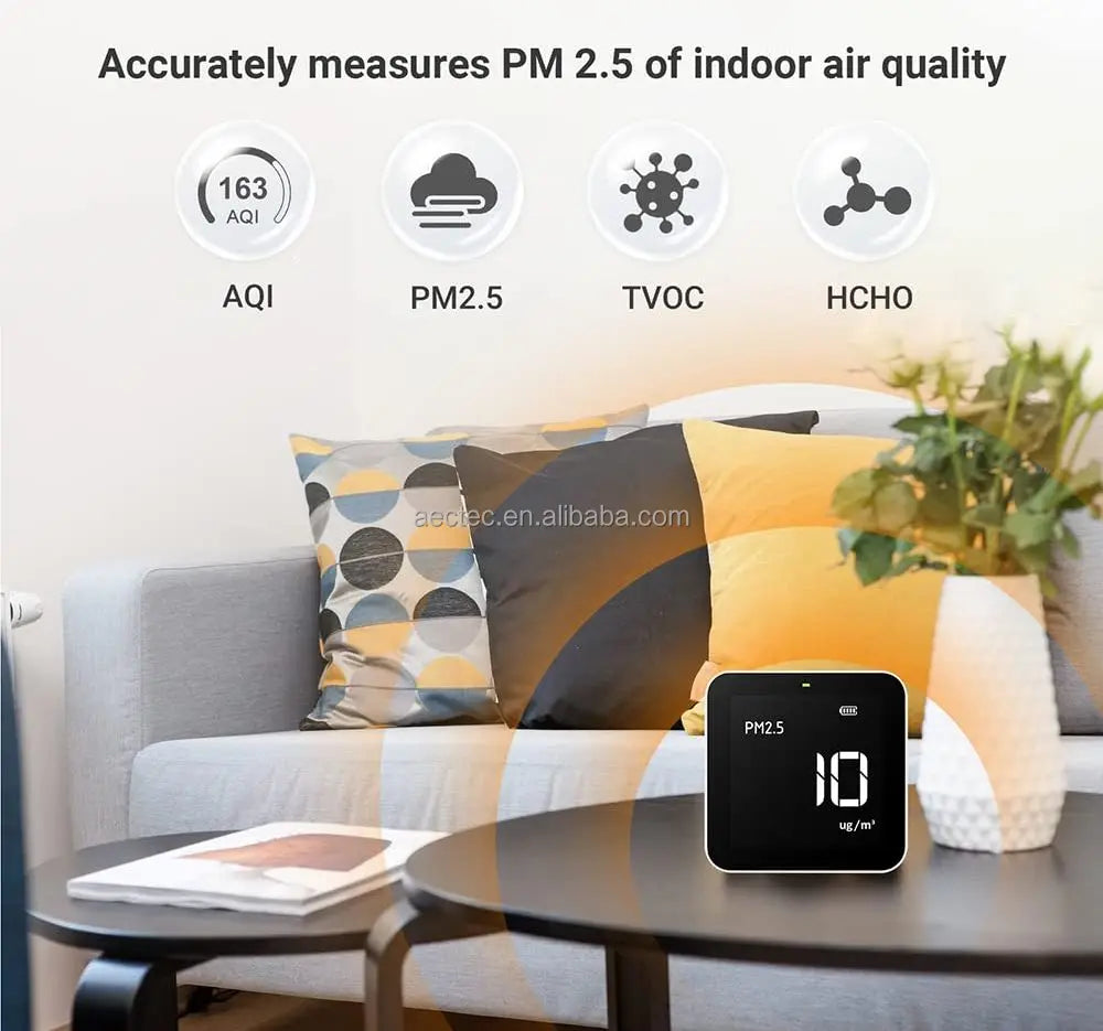 KTX-126611 Indoor Air Quality Monitor - AEC M10 PM2.5, AQI, HCHO & TVOC Detector, USB Rechargeable with LCD Display and 3 LEDs
