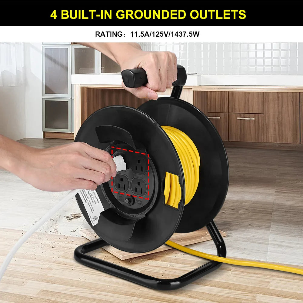 KTX-723027 Heavy Duty 25ft Extension Cord Reel with 4 Outlets and Circuit Breaker, 14/3 AWG SJTW