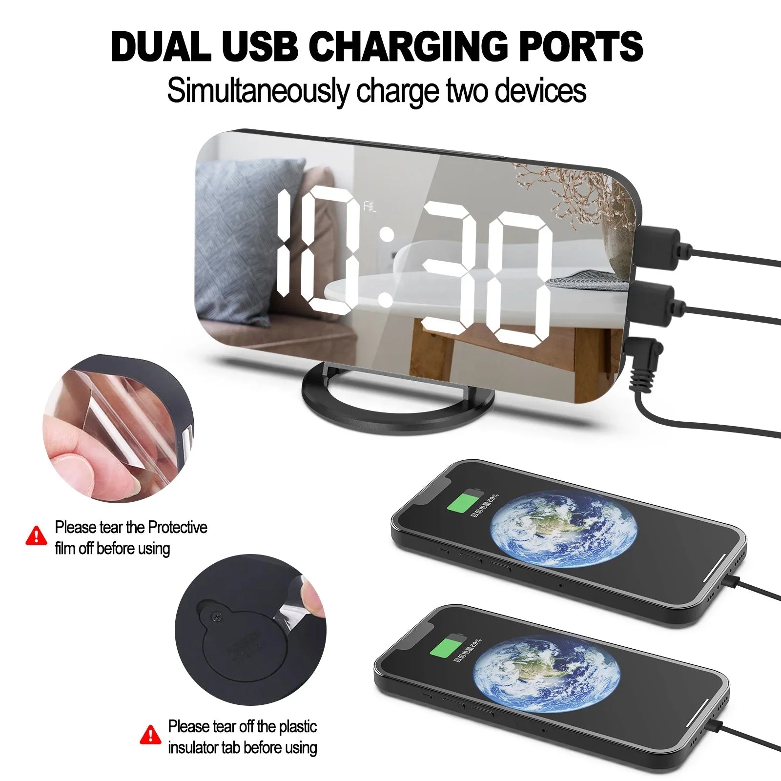 KTX-042195 Modern Digital LED Alarm Clock with Mirror Display and USB Charging Ports