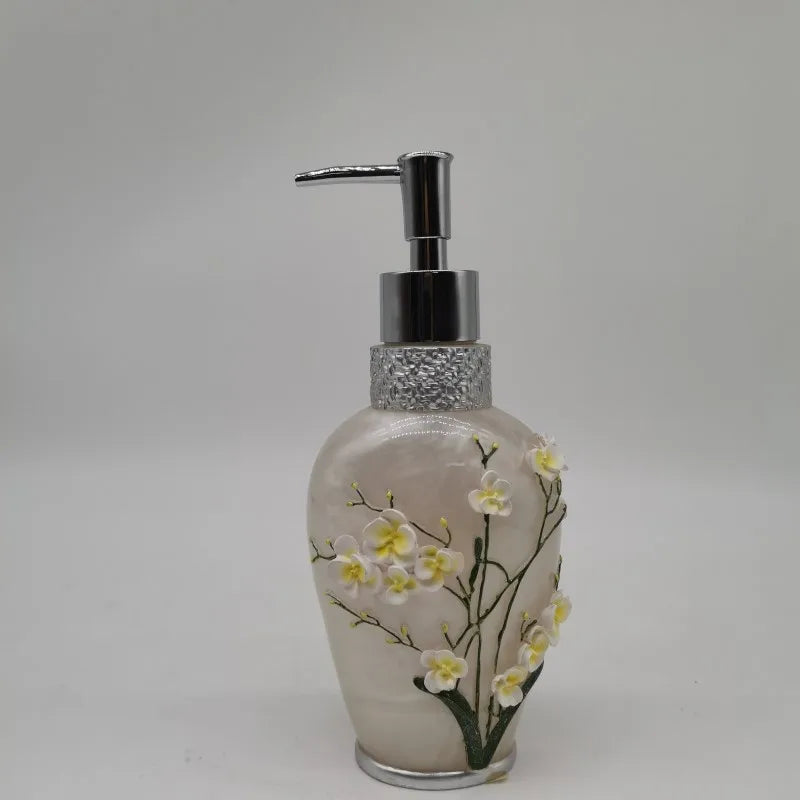 KTX-497491 Flower Pattern Polyresin Bathroom Accessory Set in Blue - Includes Lotion Dispenser, Toothbrush Holder, Soap Dish, Tumbler, Toilet Brush Holder, Amenity Tray, Tissue Cover, and Waste Bin