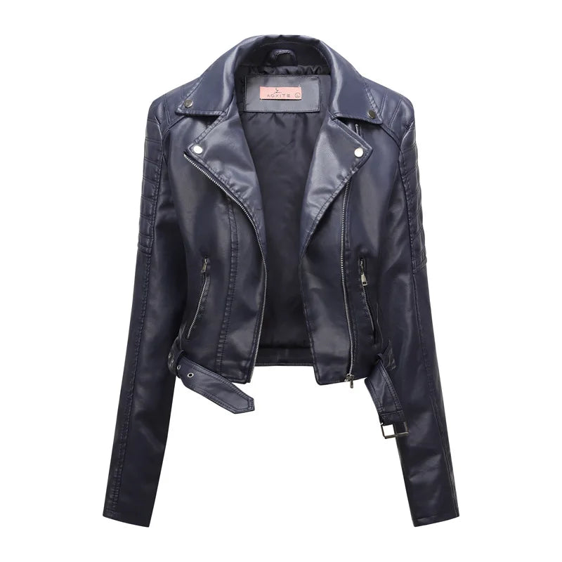 KTX-881619 Women's PU Leather Jacket With Long Sleeves Short Motorcycle Suit Puffer Style Fashionable Jacket Jacket Custom