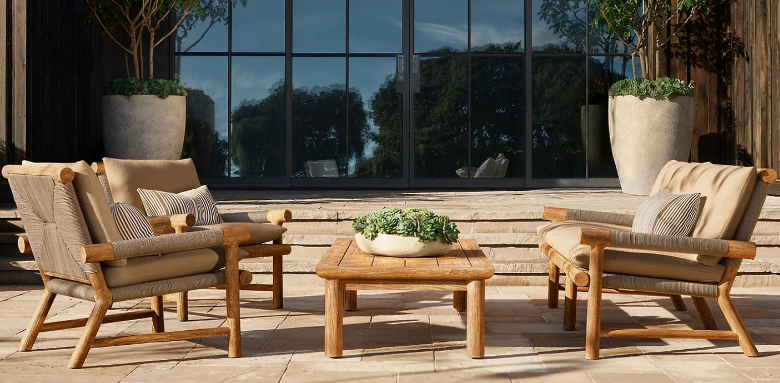 KTX-365203 Modern Cane Lounge Chair with Teak Frame and Rattan Detailing, Outdoor Fabric Cushion for Living Room