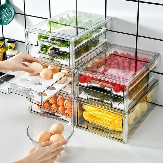 KTX-631187 BPA-Free Clear Plastic Drawer Organiser with Drain Tray for Fridge and Pantry Storage