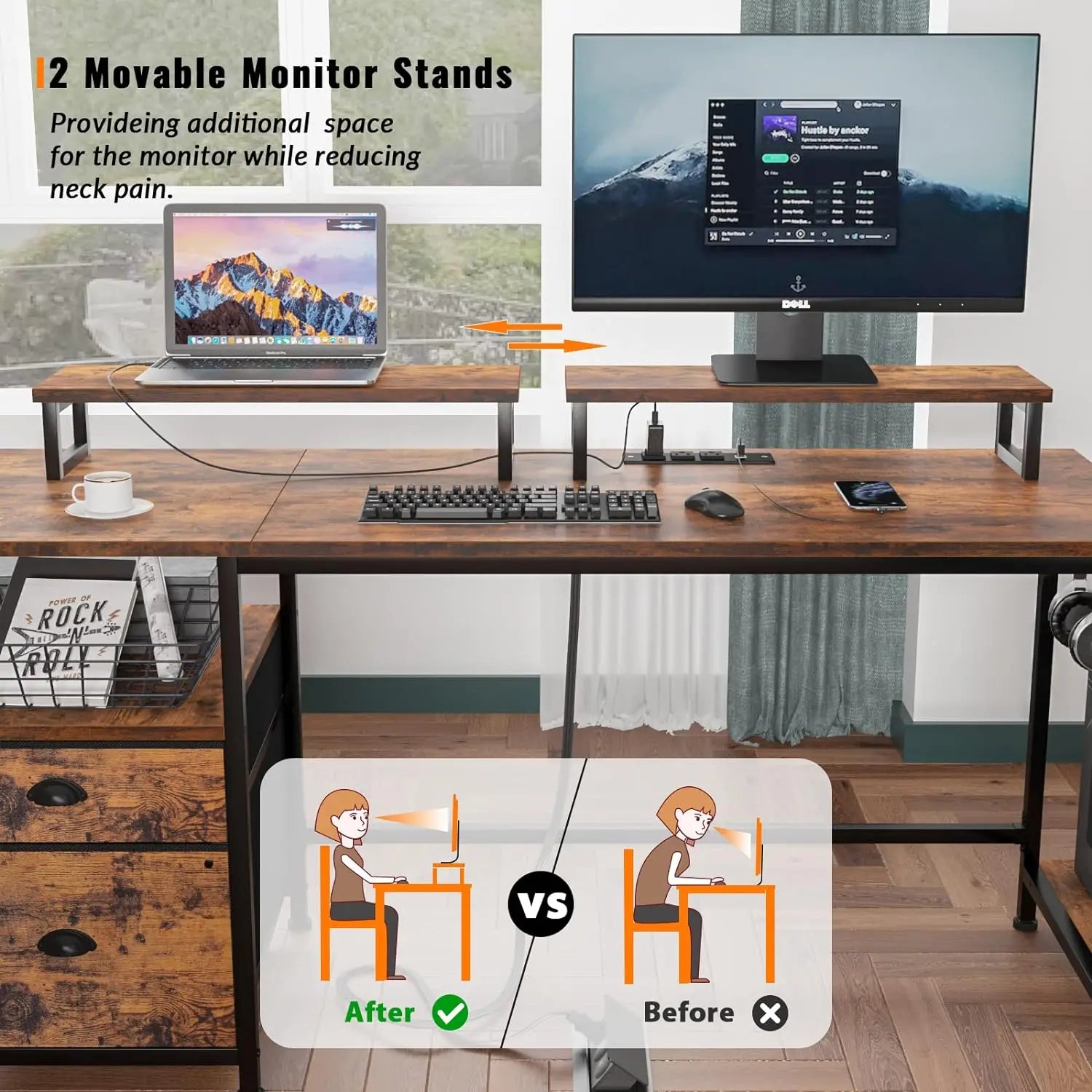 KTX-186067 Large Rustic Brown Computer Desk with 2 Removable Monitor Stands, CPU Stand, and Hooks for Home Office Use