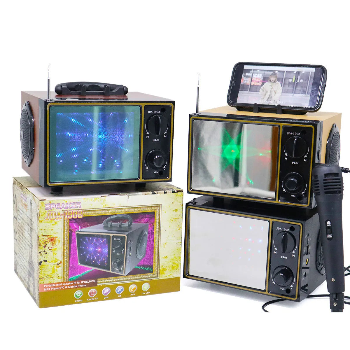 KTX-318419 High Power Dual Speaker Retro Wood Hi-Fi Stereo Bookshelf Bluetooth Speaker with Screen Flash Light