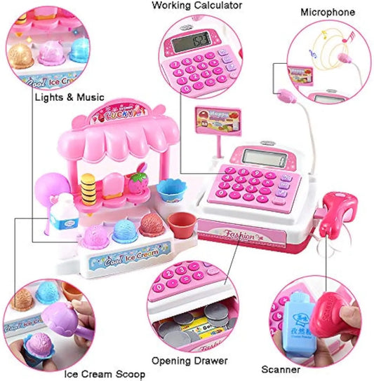 KTX-606099 Ice Cream Store Mini Cash Register Toy with Sound and Flashing Lights for Kids Ages 2-9