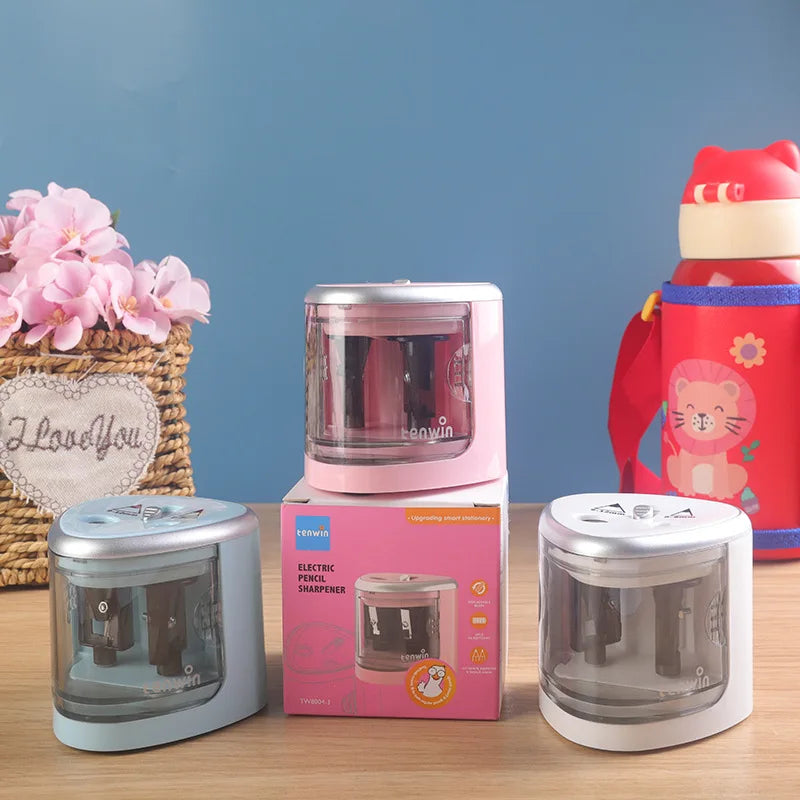 KTX-788819 Electric Battery Operated Double Hole Pencil Sharpener for 6-12mm Pencils in Pink, Blue, and White