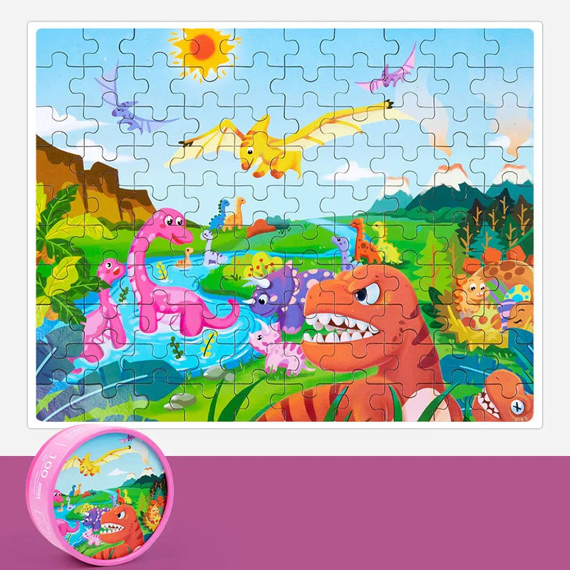 KTX-988883 Children's Dinosaur Jigsaw Puzzle - 100 Pieces Cartoon Barrel Puzzle Toy
